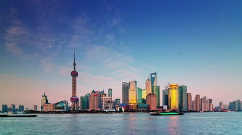 Sunset light shanghai river bay panorama 4k time lapse china Stock Footage 54240934