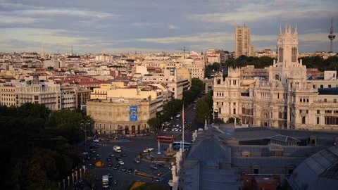 Sunset Light Time Lapse Aerial View of Madrid Skyline Cars Traffic Congestion Video stock 109291593