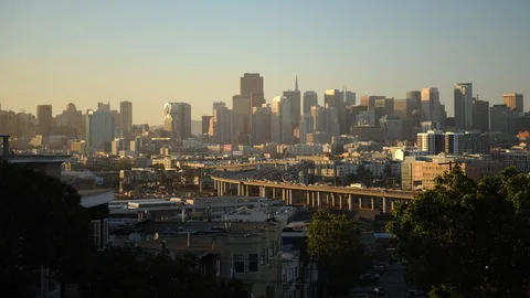 Sunset Light Time Lapse Aerial of San Francisco Skyline Cars Traffic USA Highway Stock Footage 109295921