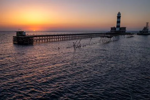 Sunset at the lighthouse on Daedalus Reef, Red Sea, Egypt Stock Photos