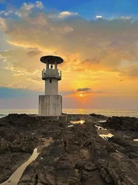 Sunset Lighthouse Serenity Stock Photos