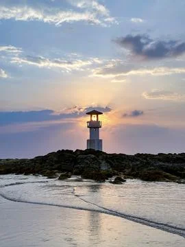Sunset Lighthouse Serenity Stock Photos