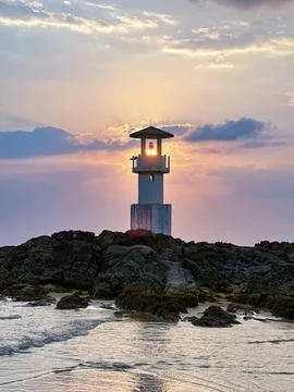 Sunset Lighthouse Serenity Stock Photos
