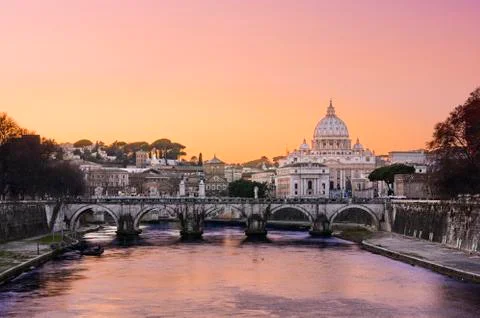 Sunset lights of the basilica St Peter in Rome, Italy Stock Photos