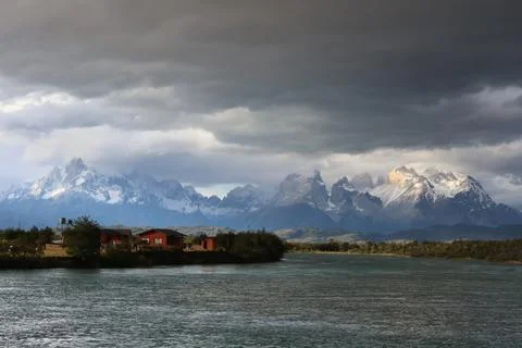Sunset lights over Rio Serrano and Torres del Paine National Park, Chile Stock Photos