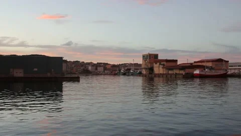 Sunset lights in the port of Burela, Spain Stock Footage 236201673