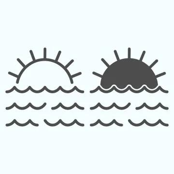 Sunset line and solid icon. Sunset and sea waves illustration isolated on white イラスト素材