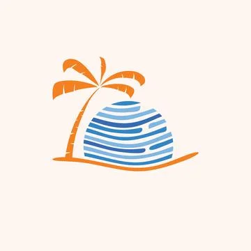 Sunset Logo. Coconut Tree View in the Beach Stock Illustration