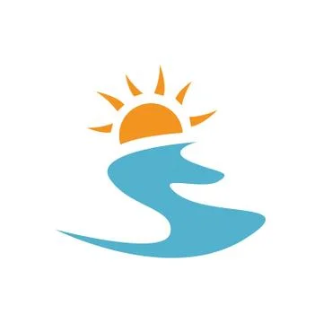 Sunset logo design vector of yellow sun and blue sea waves illustration Stock Illustration