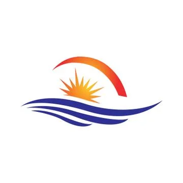 Sunset logo design vector of yellow sun and blue sea waves illustration Stock Illustration