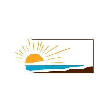 Sunset logo design vector of yellow sun and blue sea waves on the frame illus Stock Illustration