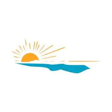 Sunset logo design vector of yellow sun and blue sea waves on the frame illus Stock Illustration
