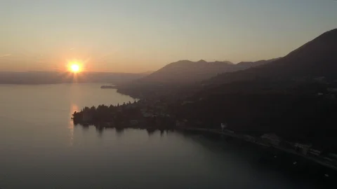 Sunset looking along Lake Garda coastline from above Stock Footage 102472992