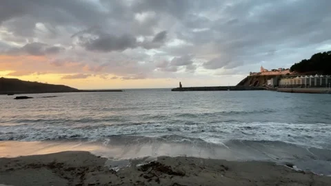 Sunset on Luarca beach, town in Asturias (Spain) Stock Footage 254802131