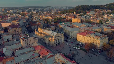 Sunset on Lviv the opera move in aerial video Lviv Ukraine 5.10.2019 Stock Footage 118300491