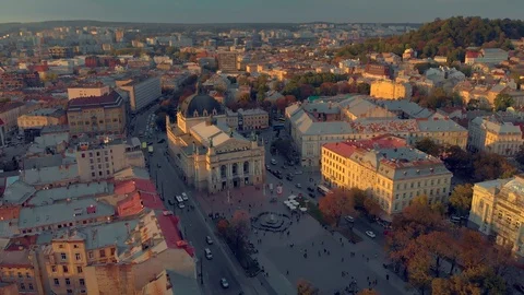 Sunset on Lviv the opera move in aerial video Lviv Ukraine 5.10.2019 Stock Footage 118300819