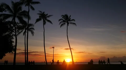 Sunset, magic island, ala moana beach park, waikiki, honolulu, oahu, hawaii Stock Footage 43066974