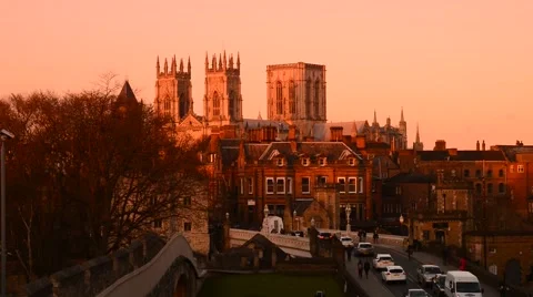 Sunset on magnificent york minster and city walls  york uk Stock Footage