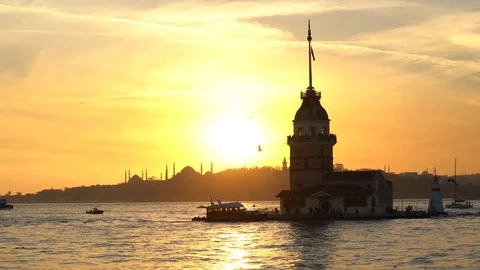 Sunset in Maiden Tower - Leander Tower Kizkulesi - Istanbul, Turkey Stock Footage 98517505