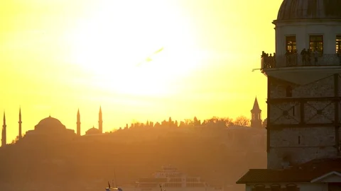 Sunset in Maiden Tower - Leander Tower Kizkulesi - Istanbul, Turkey Stock Footage 98523256