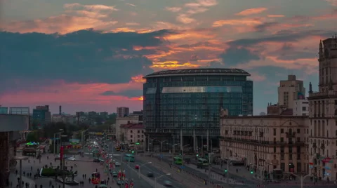 Sunset main train station area traffic panorama 4k time lapse minslk belarus Stock Footage 64566569