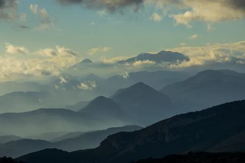 Sunset in Mare De Deu Del Mont peak, La Garrotxa, Spain 스톡 사진