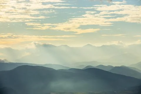 Sunset in Mare De Deu Del Mont peak, La Garrotxa, Spain 스톡 사진