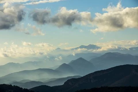 Sunset in Mare De Deu Del Mont peak, La Garrotxa, Spain Stockfoto's