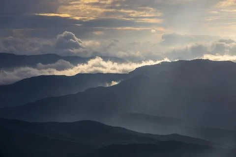 Sunset in Mare De Deu Del Mont peak, La Garrotxa, Spain Stockfoto's
