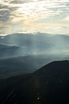 Sunset in Mare De Deu Del Mont peak, La Garrotxa, Spain Stockfoto's