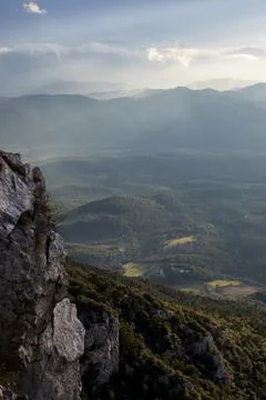 Sunset in Mare De Deu Del Mont peak, La Garrotxa, Spain 스톡 사진