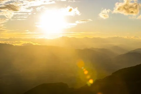 Sunset in Mare De Deu Del Mont peak, La Garrotxa, Spain Stockfoto's
