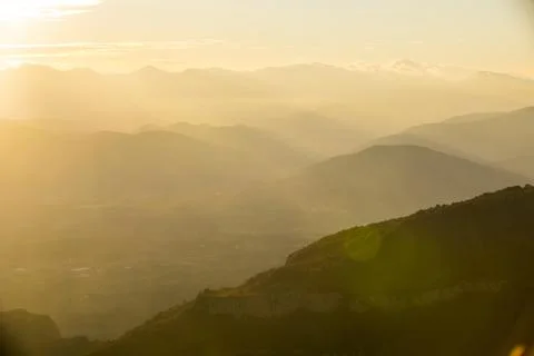 Sunset in Mare De Deu Del Mont peak, La Garrotxa, Spain 스톡 사진