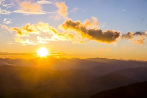 Sunset in Mare De Deu Del Mont peak, La Garrotxa, Spain 스톡 사진