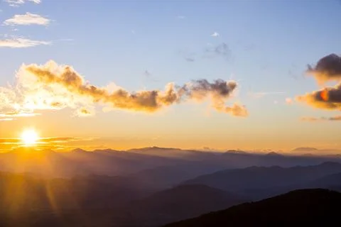 Sunset in Mare De Deu Del Mont peak, La Garrotxa, Spain Stockfoto's