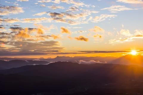 Sunset in Mare De Deu Del Mont peak, La Garrotxa, Spain Stockfoto's