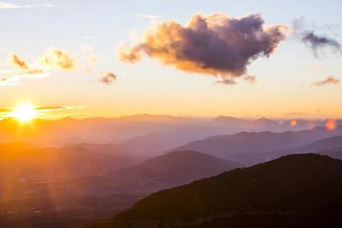 Sunset in Mare De Deu Del Mont peak, La Garrotxa, Spain Фото