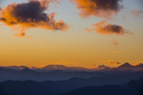 Sunset in Mare De Deu Del Mont peak, La Garrotxa, Spain Stockfoto's