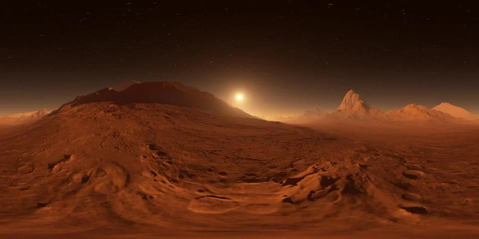 Sunset on Mars. Mars mountains, view from the valley. Panorama Stock Illustration