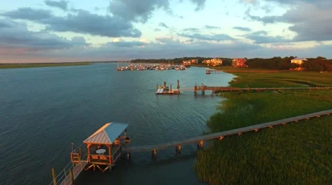 Sunset Marsh Docks Stock Footage 56875059