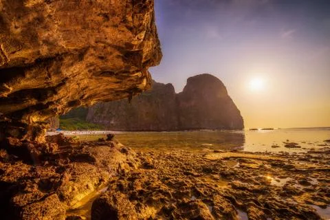 Sunset at the Maya beach on Koh Phi Phi island in Thailand Stock Photos