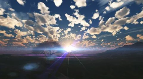 Sunset at meadow and lonely tree Illustrazione stock