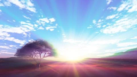 Sunset at meadow and lonely tree Stock Illustration