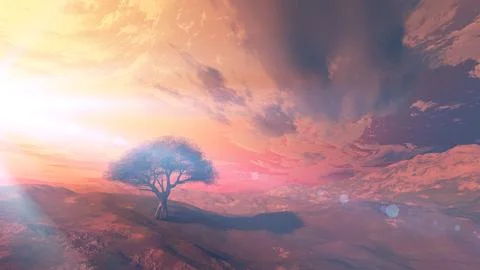 Sunset at meadow and lonely tree Stock Illustration