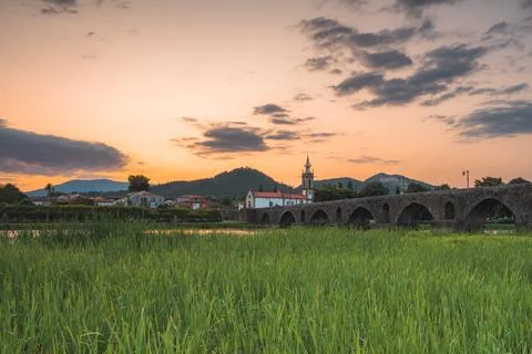 Sunset at the medieval bridge at Ponte de Lima Stock Photos
