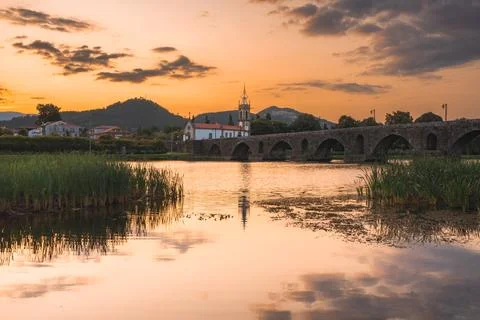 Sunset at the medieval bridge at Ponte de Lima Stock Photos