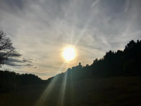 Sunset with medieval castle in Tuscany Stock Photos