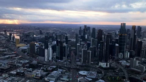 Sunset On Melbourne CBD, Drone Shot, 6K Video stock 333294634