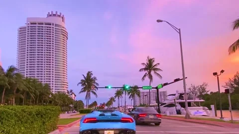 Sunset Miami Beach Blue Luxury Fast Car 4K Stock Footage 145883277