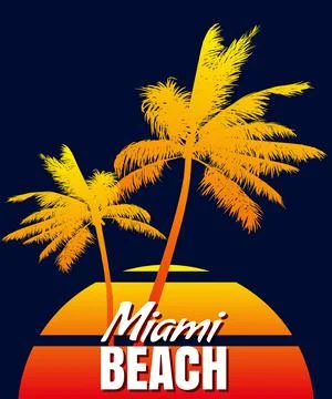 Sunset Miami Beach summer print t-shirt design. Poster palm tree silhouettes Stock Illustration